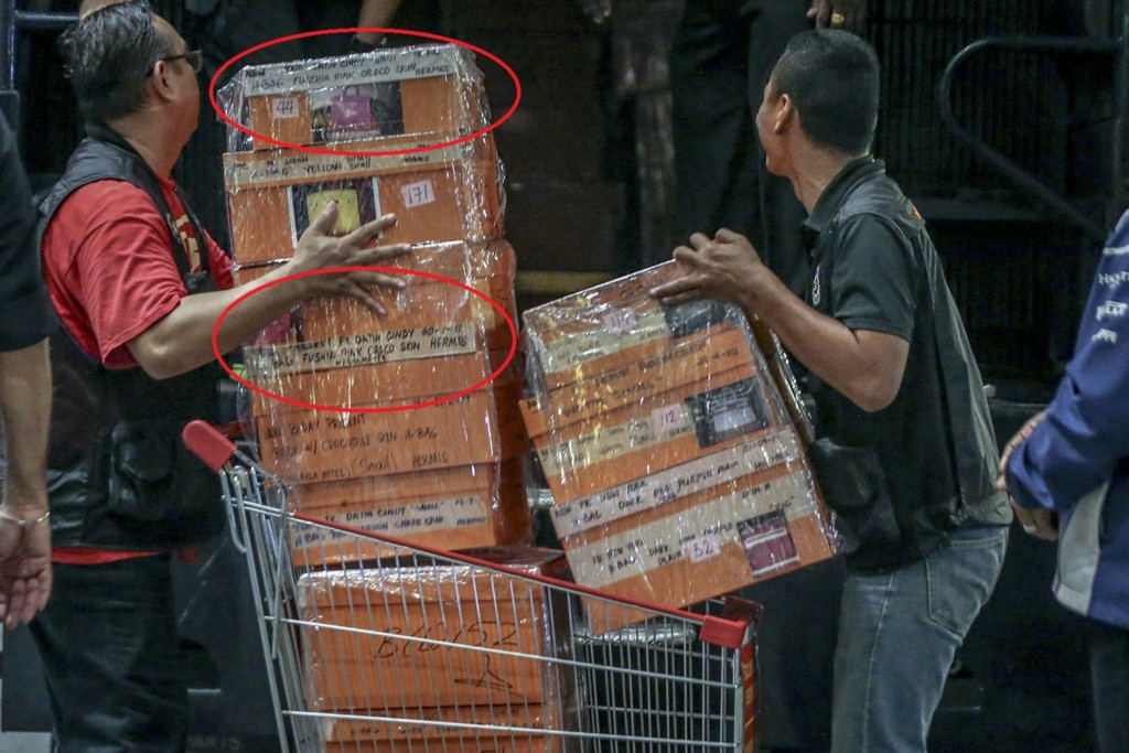Some of the Birkin handbags confiscated from one of former PM Najib Razak's residences last week. Image credit: The Malay Mail Online/Hari Anggara